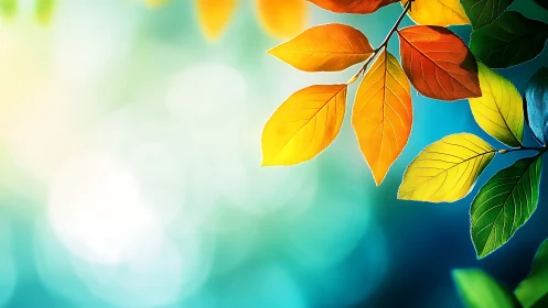 Sunlit rainbow leaves drifting into a soft blue glow.