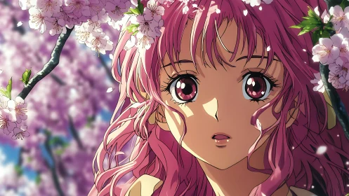 Anime character with pink hair stands among cherry blossoms