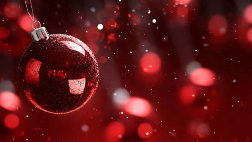 Crimson bauble drifts through glittering holiday starlight