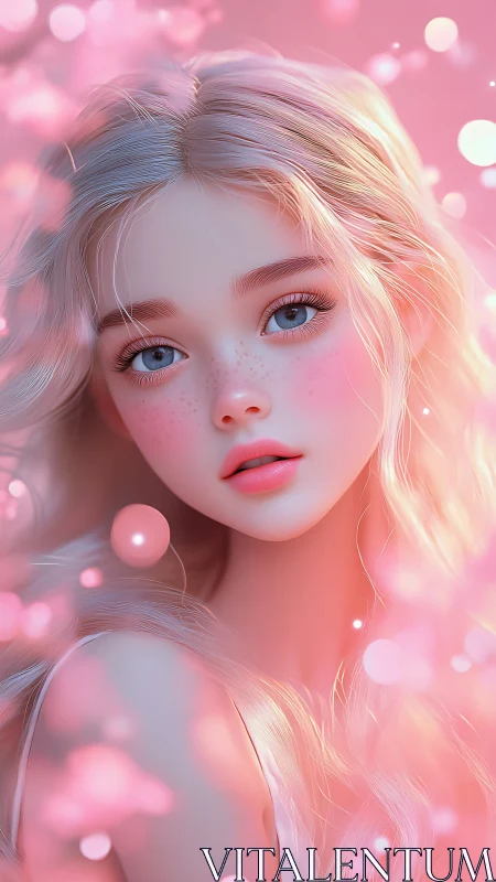 Soft pink digital portrait of girl with blue eyes and glow.