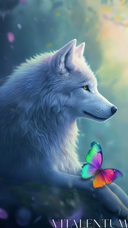 Luminous white wolf with rainbow butterfly in misty glade.