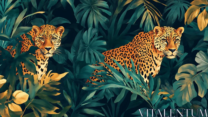 Two Leopards in Tropical Jungle with Golden Foliage