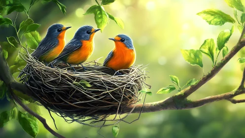 Three Colorful Birds in a Nest, Digital Nature Art Illustration.