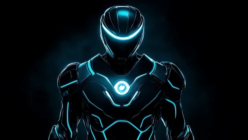 Neon-trimmed cybernetic suit with glowing visor silhouette.