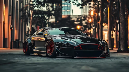 Lowered black supercar with red trim on city street at dusk.