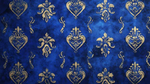 Royal blue damask pattern with textured gold flourishes.
