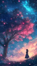 Starlit cherry tree welcomes a quiet girl into glowing twilight