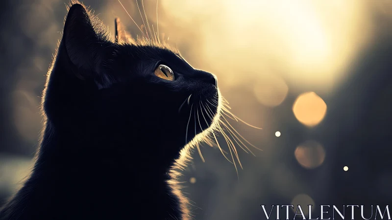 Silhouetted Black Cat Profile Backlit Golden Hour.