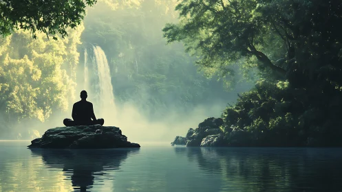 Tranquil meditation by a waterfall in lush, serene forest setting.