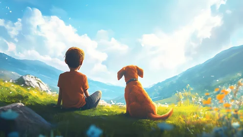 Boy and dog rest in luminous valley landscape digital painting