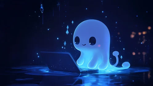 Bioluminescent jelly mascot using laptop in dark neon pool