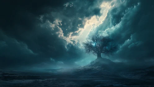 Lone twilight tree holding steady beneath stormlit clouds.