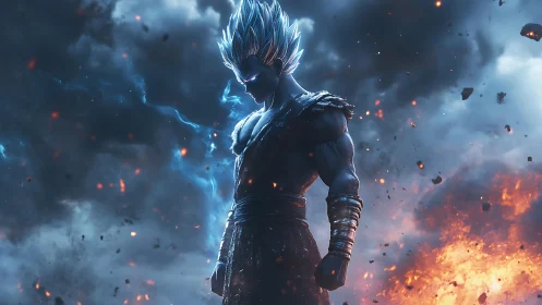 Blue-haired energy warrior amid stormfire clouds in profile.