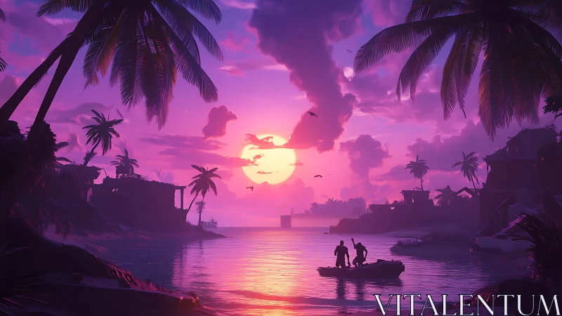 Tropical bay sunset with palm silhouettes and small boat.