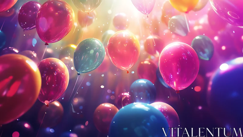 Translucent balloons suspended in gradient light with chromatic bokeh