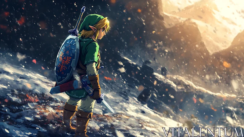 Armored figure stands in snowy mountain landscape with sword