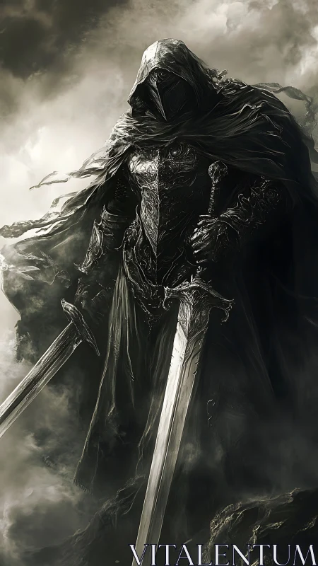Hooded armored figure holding twin swords in dark mist.