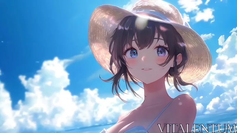 Sunlit beach girl gazes up with gentle wonder and calm joy