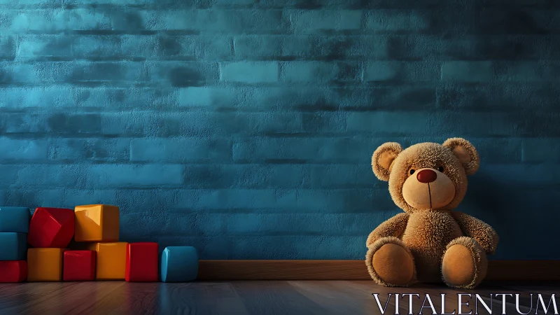 Plush teddy bear sits beside colorful toy blocks on floor