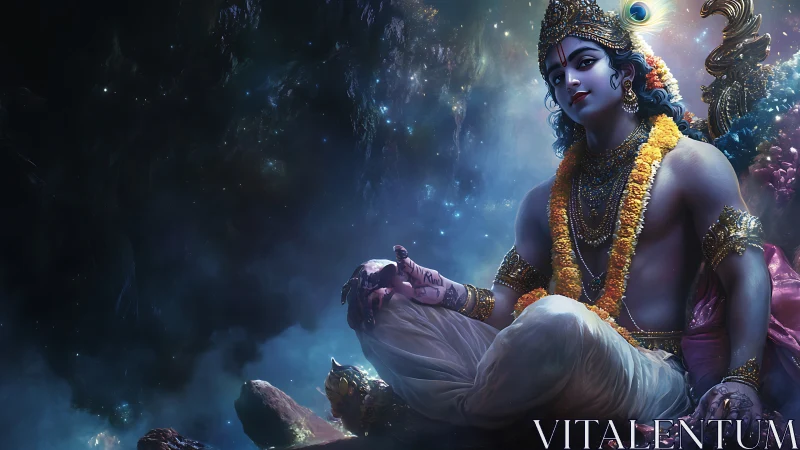 Seated blue-skinned deity in ornate garments and cosmic void.