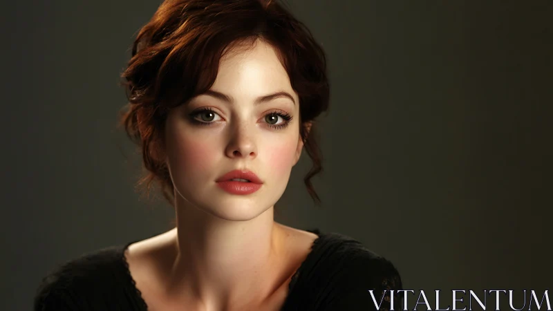 Soft-lit portrait captures serene red-haired young woman.