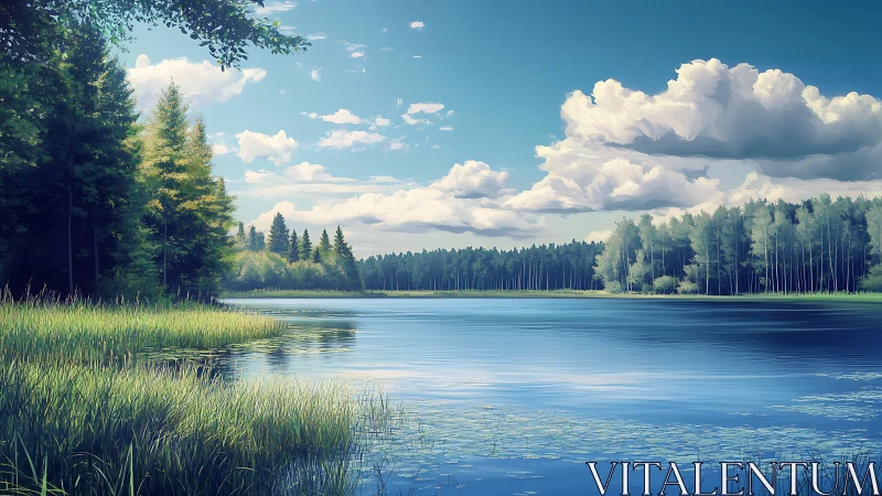 Gentle lakeside forest rests beneath bright summer clouds
