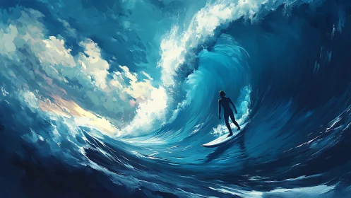 Solitary surfer rides a towering wave beneath glowing skies