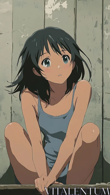 Thoughtful anime girl rests quietly against weathered boards