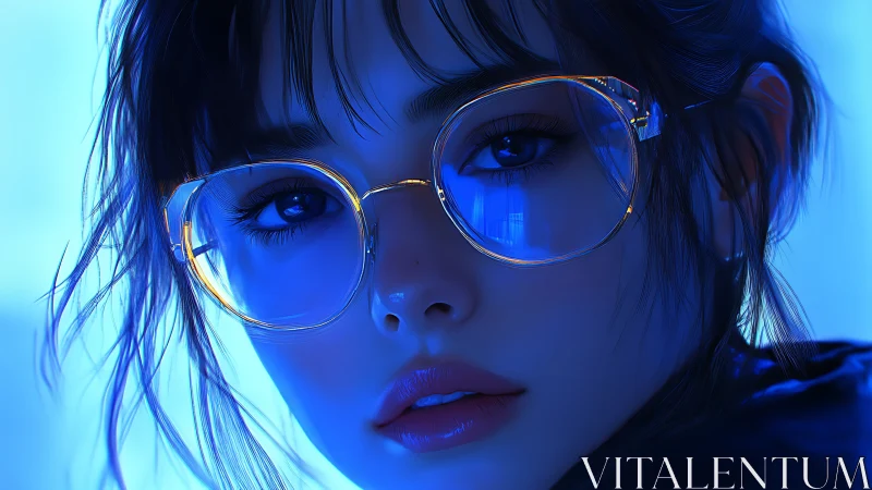 Digital portrait shows close-up face with glasses in blue light