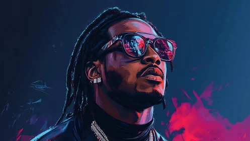 Stylized portrait of confident man in neon-tinted sunglasses