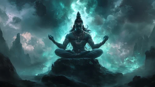 Mythological yogi figure in meditative pose on rocky peak.