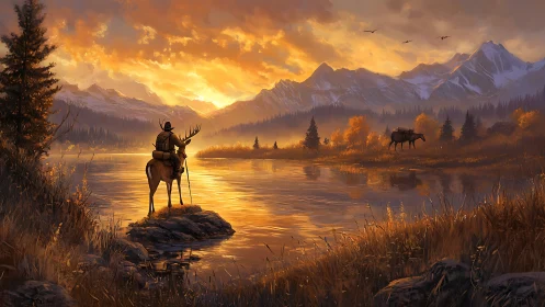 Golden mountain river at sunset with rider and pack elk.