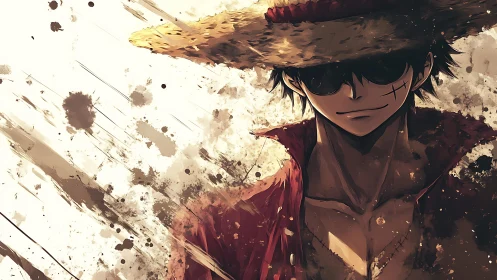 Straw-hatted rebel strides through splattered dusk light.