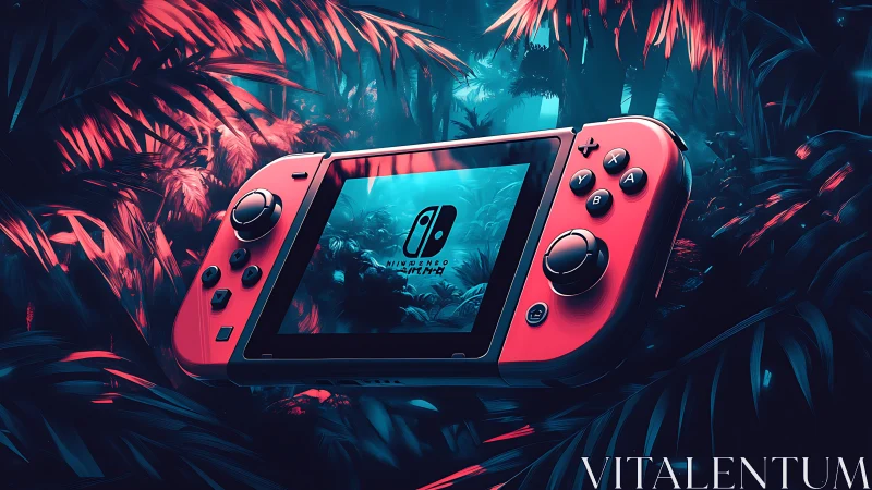 Nintendo Switch with Neon Pink Controllers in Tropical Jungle Setting