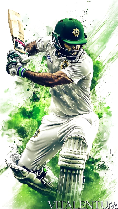 Dynamic digital painting of cricket batsman in mid-drive motion.