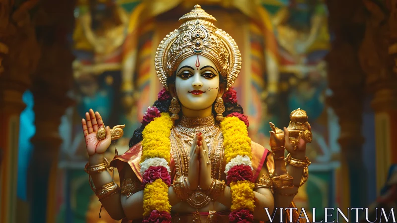 Hindu deity statue stands richly adorned in temple shrine