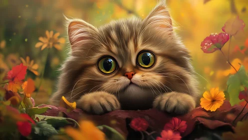 Fluffy Tabby Kitten Surrounded by Vibrant Garden Flowers.