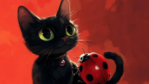 Black Cat with Ladybug: Digital Painting Study.