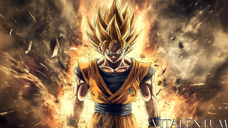 Anime energy warrior in explosive symmetrical power stance.