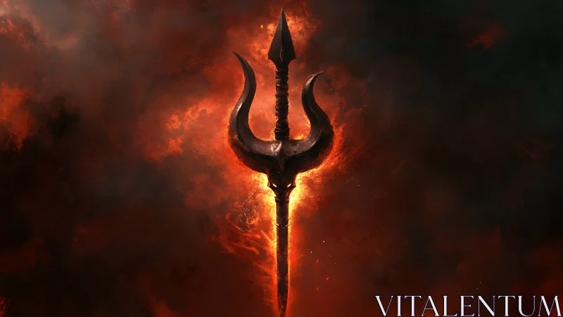 Trident shaped spear glows against dense fiery smoke