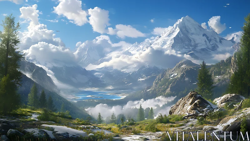 Snow capped mountains over green valley and lake scene.