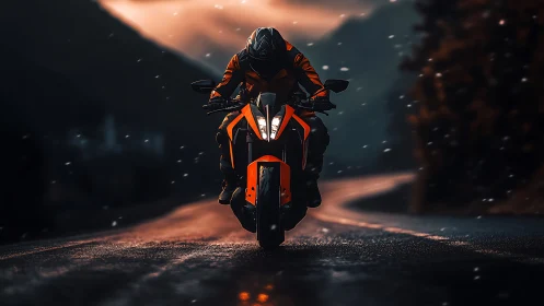 Midnight rider carves fire through a storm-lit mountain road.