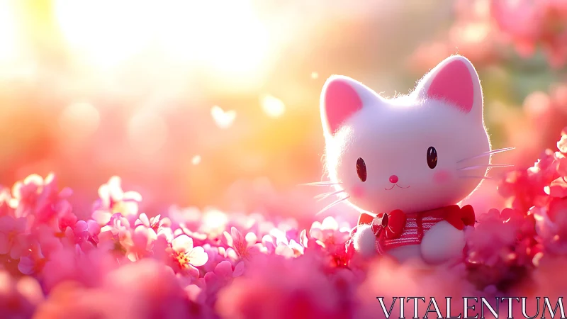 White Kawaii Cat Character in Vibrant Pink Flower Garden.