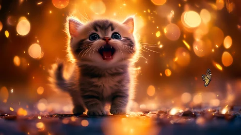 Joyful kitten surrounded by golden magical light and wonder.