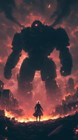 Lone warrior confronting towering war mech in burning city.
