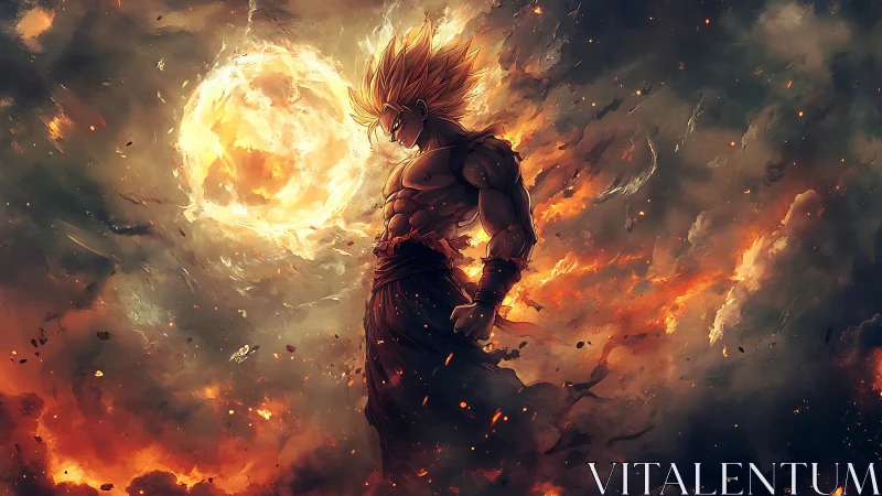Solar storm warrior brooding inside a collapsing sky blaze.