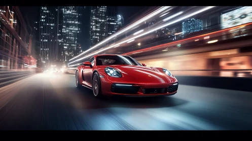 Sleek red sports car gliding confidently through city lights.