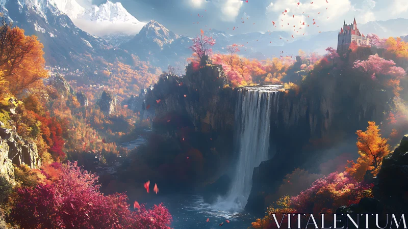 Fantasy waterfall valley glows under vivid autumn light