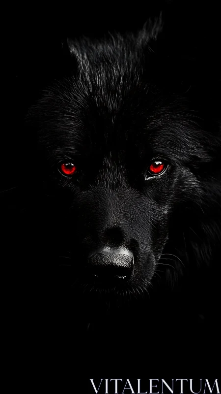 Midnight wolf sentinel with ember-red, unblinking eyes.