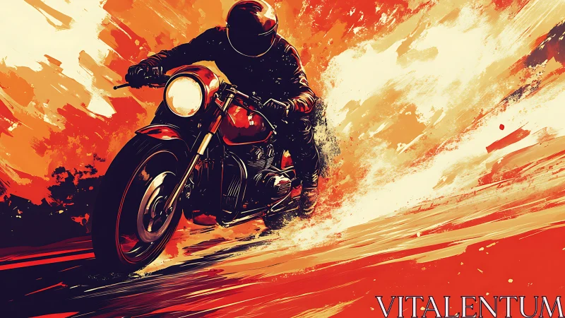 Motorcyclist leans into high speed turn in red blaze.